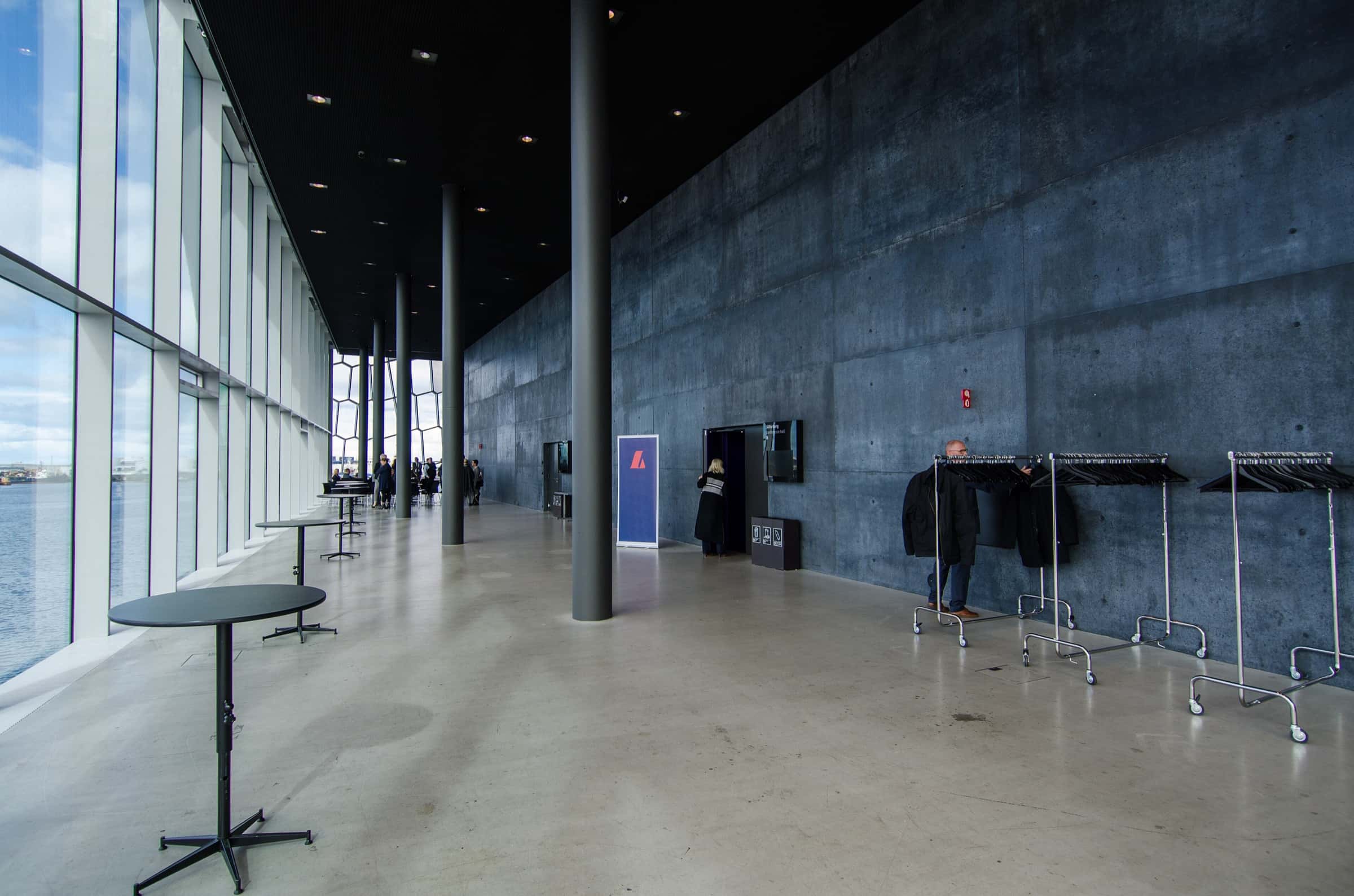 The glass facade and concrete gallery inside Harpa concert hall, Reykjavík