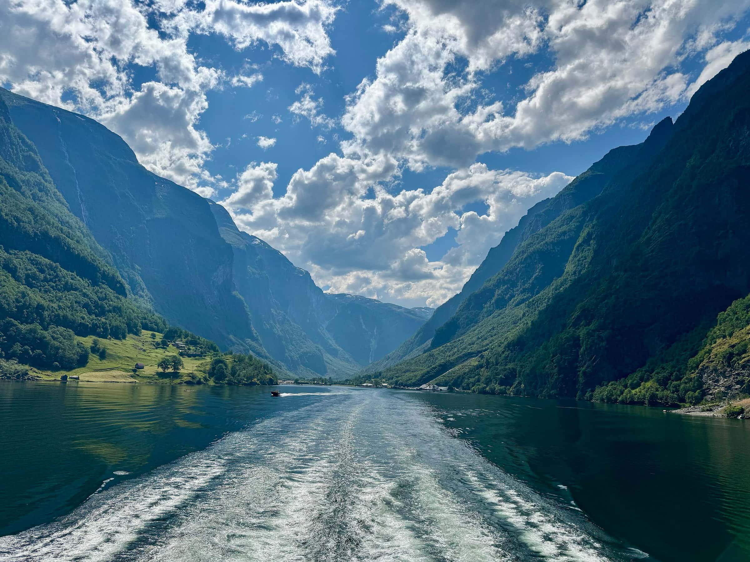 A ship's wake tracing through the narrow green walls of Nærøyfjord