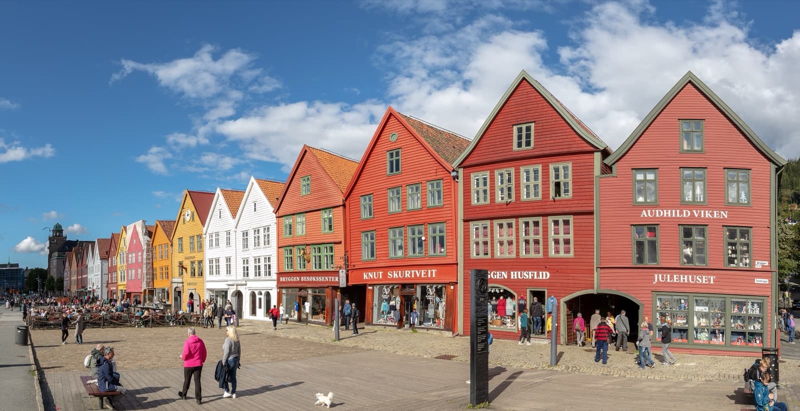 The colourful timber facades of Bryggen wharf in Bergen with people passing by