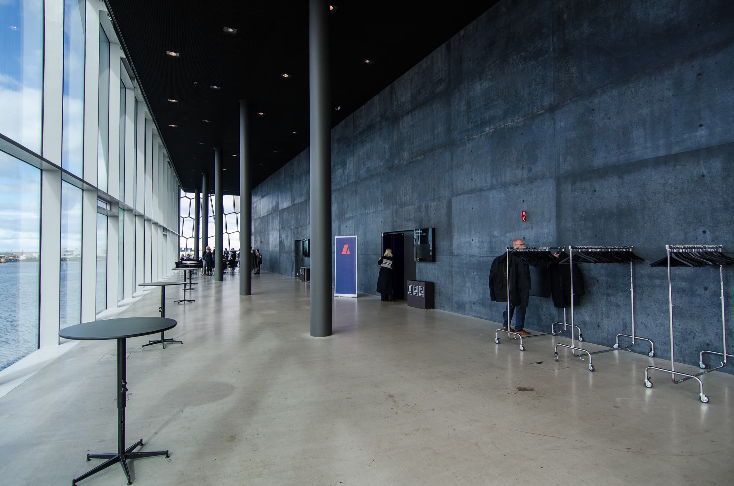 The glass facade and concrete gallery inside Harpa concert hall, Reykjavík